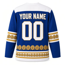 Load image into Gallery viewer, Ancient Coin Border Hanukkah Hockey Jersey in Coin Royal Blue, back view with your name and number