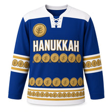 Load image into Gallery viewer, Ancient Coin Border Hanukkah Hockey Jersey in Coin Royal Blue, front view – custom name and number