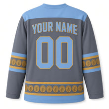 Load image into Gallery viewer, Ancient Coin Border Hanukkah Hockey Jersey in Coin Slate, back view with your name and number