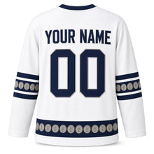 Load image into Gallery viewer, Ancient Coin Border Hanukkah Hockey Jersey in Coin Silver White, back view with your name and number