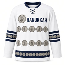 Load image into Gallery viewer, Ancient Coin Border Hanukkah Hockey Jersey in Coin Silver White, front view – custom name and number