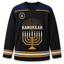Load image into Gallery viewer, Art Deco Menorah Hanukkah Hockey Jersey in Deco Black, front view – custom name and number