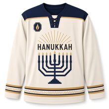 Load image into Gallery viewer, Art Deco Menorah Hanukkah Hockey Jersey in Deco Cream, front view – custom name and number