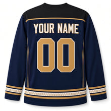 Load image into Gallery viewer, Art Deco Menorah Hanukkah Hockey Jersey in Deco Navy, back view with your name and number