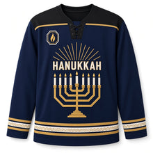 Load image into Gallery viewer, Art Deco Menorah Hanukkah Hockey Jersey in Deco Navy, front view – custom name and number