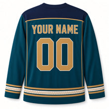 Load image into Gallery viewer, Art Deco Menorah Hanukkah Hockey Jersey in Deco Teal, back view with your name and number