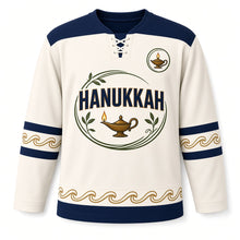 Load image into Gallery viewer, Art Nouveau Oil Lamp Hanukkah Hockey Jersey in Nouveau Ivory, front view – custom name and number