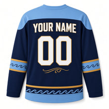 Load image into Gallery viewer, Art Nouveau Oil Lamp Hanukkah Hockey Jersey in Nouveau Midnight, back view with your name and number