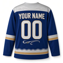Load image into Gallery viewer, Art Nouveau Oil Lamp Hanukkah Hockey Jersey in Nouveau Sapphire, back view with your name and number