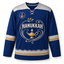 Load image into Gallery viewer, Art Nouveau Oil Lamp Hanukkah Hockey Jersey in Nouveau Sapphire, front view – custom name and number