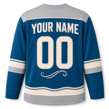 Load image into Gallery viewer, Art Nouveau Oil Lamp Hanukkah Hockey Jersey in Nouveau Teal Blue, back view with your name and number