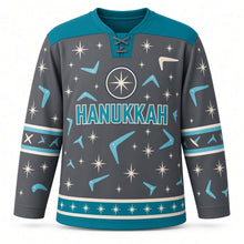 Load image into Gallery viewer, Atomic Starburst Hanukkah Hockey Jersey in Atomic Charcoal, front view – custom name and number