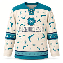 Load image into Gallery viewer, Atomic Starburst Hanukkah Hockey Jersey in Atomic Cream, front view – custom name and number