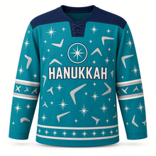 Load image into Gallery viewer, Atomic Starburst Hanukkah Hockey Jersey in Atomic Teal, front view – custom name and number