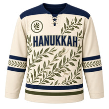 Load image into Gallery viewer, Batik Olive Branch Hanukkah Hockey Jersey in Batik Cream, front view – custom name and number