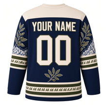 Load image into Gallery viewer, Batik Olive Branch Hanukkah Hockey Jersey in Batik Indigo, back view with your name and number
