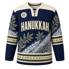Load image into Gallery viewer, Batik Olive Branch Hanukkah Hockey Jersey in Batik Indigo, front view – custom name and number