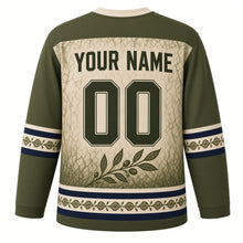 Load image into Gallery viewer, Batik Olive Branch Hanukkah Hockey Jersey in Batik Olive, back view with your name and number
