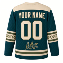 Load image into Gallery viewer, Batik Olive Branch Hanukkah Hockey Jersey in Batik Teal, back view with your name and number