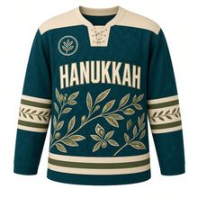 Load image into Gallery viewer, Batik Olive Branch Hanukkah Hockey Jersey in Batik Teal, front view – custom name and number