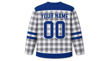 Load image into Gallery viewer, Blue Buffalo Plaid Hanukkah Hockey Jersey in Silver Plaid, back view with your name and number