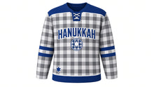 Load image into Gallery viewer, Blue Buffalo Plaid Hanukkah Hockey Jersey in Silver Plaid, front view – custom name and number