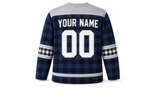 Load image into Gallery viewer, Blue Buffalo Plaid Hanukkah Hockey Jersey in Navy Plaid, back view with your name and number