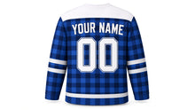 Load image into Gallery viewer, Blue Buffalo Plaid Hanukkah Hockey Jersey in Royal Plaid, back view with your name and number