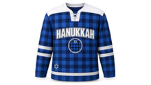 Load image into Gallery viewer, Blue Buffalo Plaid Hanukkah Hockey Jersey in Royal Plaid, front view – custom name and number