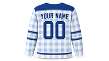 Load image into Gallery viewer, Blue Buffalo Plaid Hanukkah Hockey Jersey in Snow Plaid, back view with your name and number