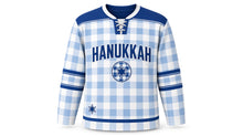 Load image into Gallery viewer, Blue Buffalo Plaid Hanukkah Hockey Jersey in Snow Plaid, front view – custom name and number