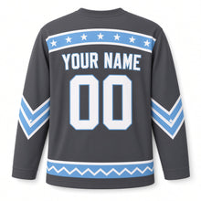 Load image into Gallery viewer, Blue Chevron Star Hanukkah Hockey Jersey in Charcoal Chevron, back view with your name and number