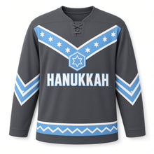 Load image into Gallery viewer, Blue Chevron Star Hanukkah Hockey Jersey in Charcoal Chevron, front view – custom name and number
