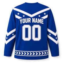 Load image into Gallery viewer, Blue Chevron Star Hanukkah Hockey Jersey in Sapphire Chevron, back view with your name and number