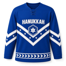Load image into Gallery viewer, Blue Chevron Star Hanukkah Hockey Jersey in Sapphire Chevron, front view – custom name and number