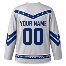 Load image into Gallery viewer, Blue Chevron Star Hanukkah Hockey Jersey in Silver Chevron, back view with your name and number