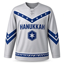 Load image into Gallery viewer, Blue Chevron Star Hanukkah Hockey Jersey in Silver Chevron, front view – custom name and number