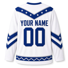 Load image into Gallery viewer, Blue Chevron Star Hanukkah Hockey Jersey in Frost Chevron, back view with your name and number