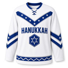 Load image into Gallery viewer, Blue Chevron Star Hanukkah Hockey Jersey in Frost Chevron, front view – custom name and number