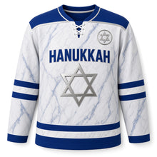 Load image into Gallery viewer, Blue Marble Star Hanukkah Hockey Jersey in Marble Carrara White, front view – custom name and number