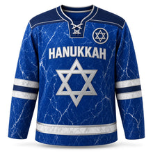 Load image into Gallery viewer, Blue Marble Star Hanukkah Hockey Jersey in Marble Cobalt, front view – custom name and number