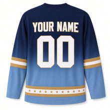 Load image into Gallery viewer, Blue Ombre Star Fade Hanukkah Hockey Jersey in Ombre Midnight Gold, back view with your name and number