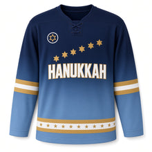 Load image into Gallery viewer, Blue Ombre Star Fade Hanukkah Hockey Jersey in Ombre Midnight Gold, front view with a fading line of six-pointed stars – custom name and number