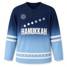 Load image into Gallery viewer, Blue Ombre Star Fade Hanukkah Hockey Jersey in Ombre Navy Sky, front view with a fading line of six-pointed stars – custom name and number