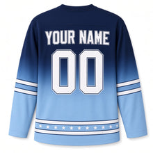 Load image into Gallery viewer, Blue Ombre Star Fade Hanukkah Hockey Jersey in Ombre Royal Ice, back view with your name and number