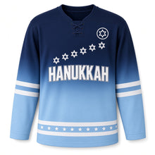 Load image into Gallery viewer, Blue Ombre Star Fade Hanukkah Hockey Jersey in Ombre Royal Ice, front view with a fading line of six-pointed stars – custom name and number