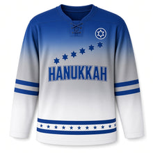 Load image into Gallery viewer, Blue Ombre Star Fade Hanukkah Hockey Jersey in Ombre Silver Mist, front view with a fading line of six-pointed stars – custom name and number