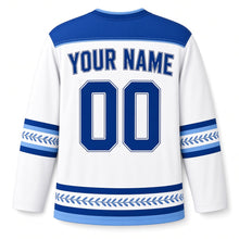 Load image into Gallery viewer, Blue Pottery Olive Hanukkah Hockey Jersey in Pottery Cobalt, back view with your name and number