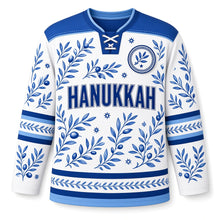 Load image into Gallery viewer, Blue Pottery Olive Hanukkah Hockey Jersey in Pottery Cobalt, front view – custom name and number