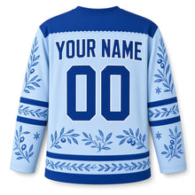 Load image into Gallery viewer, Blue Pottery Olive Hanukkah Hockey Jersey in Pottery Sky Glaze, back view with your name and number